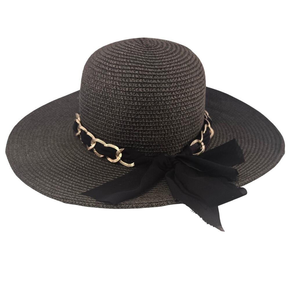 Women's Floppy Sun Hat Wide Brim Beach Black 100% Paper Chain Spring Summer